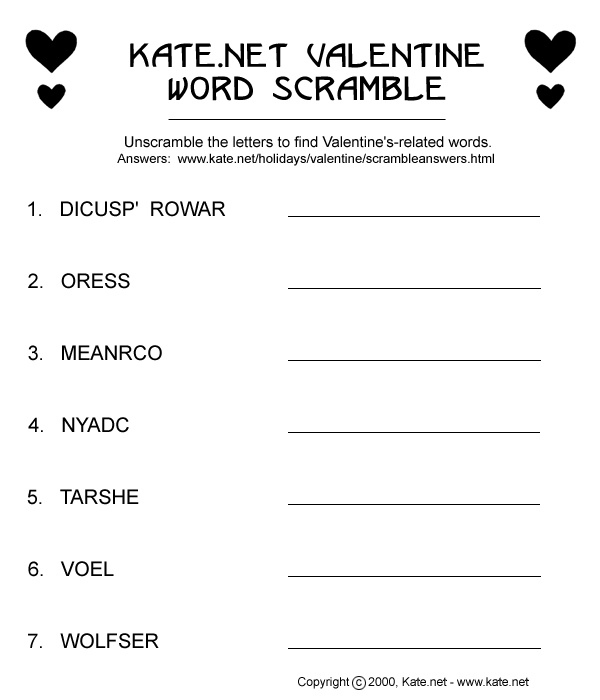 Printable Valentine's Day Word Scrambles by Kate.net
